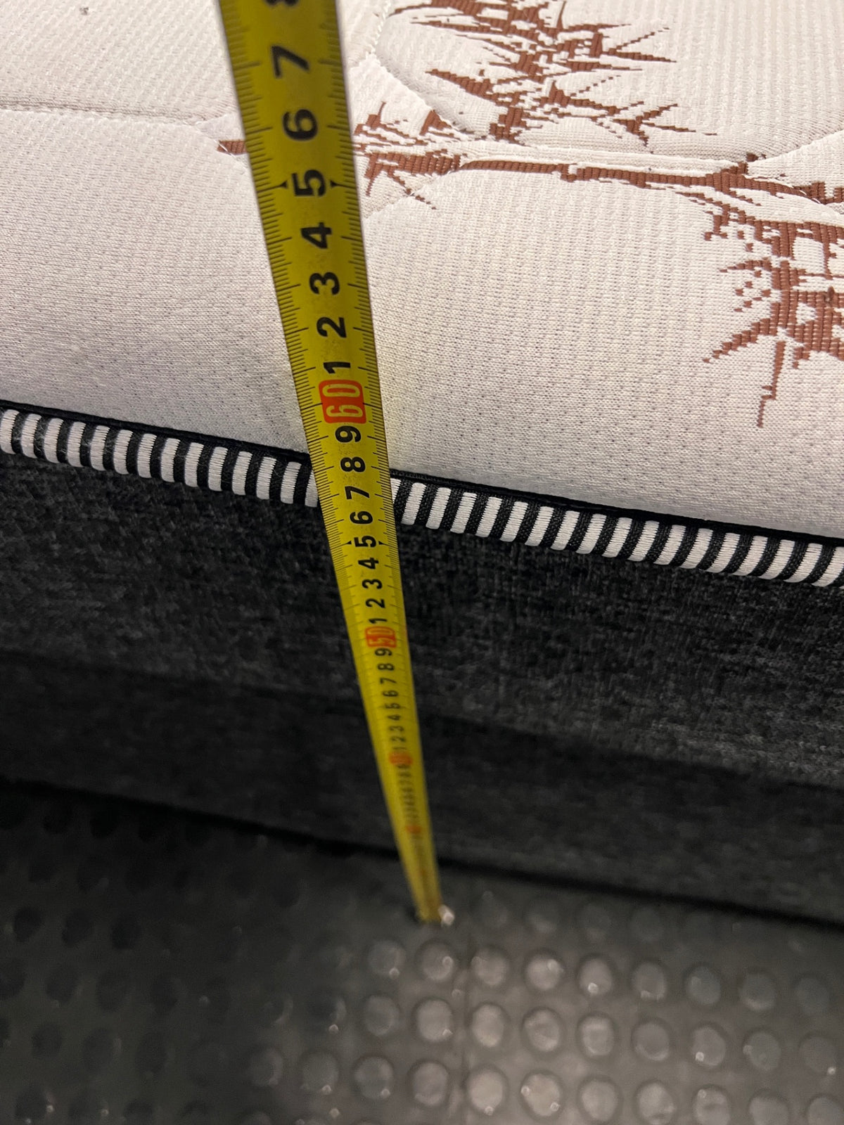 Queen Bamboo Pattern Mattress and Grey Upholstered Base — Mattress in Poor Condition; Base Shows Wear – height measurement