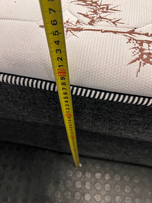 Queen Bamboo Pattern Mattress and Grey Upholstered Base — Mattress in Poor Condition; Base Shows Wear – height measurement