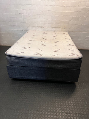 Queen Bamboo Pattern Mattress and Grey Upholstered Base — Mattress in Poor Condition; Base Shows Wear – main front view