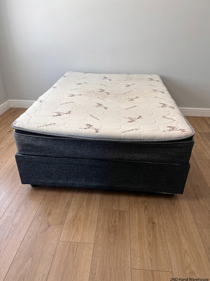 Queen Bamboo Pattern Mattress and Grey Upholstered Base — Mattress in Poor Condition; Base Shows Wear – styled product image