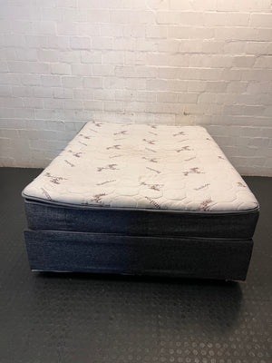 Queen Bamboo Pattern Mattress and Grey Upholstered Base — Mattress in Poor Condition; Base Shows Wear – top view