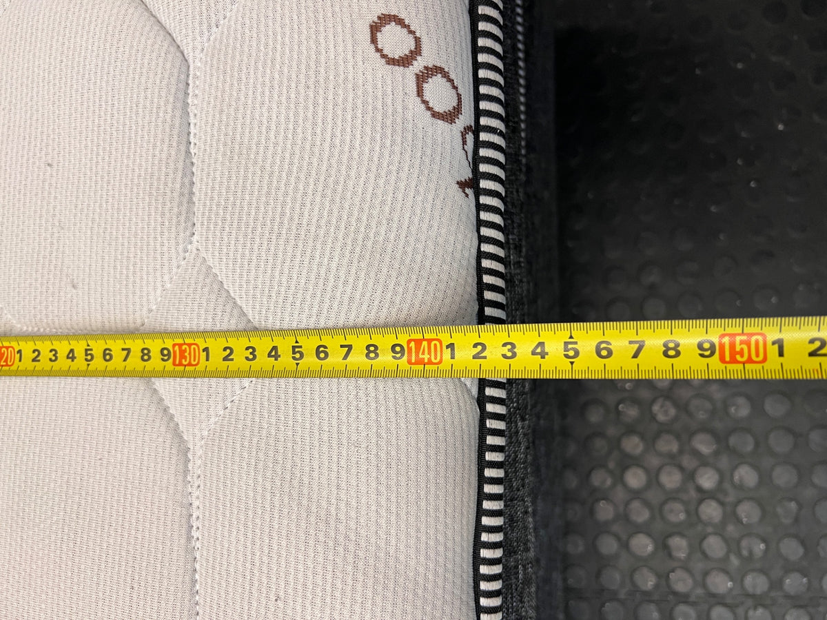 Queen Bamboo Pattern Mattress and Grey Upholstered Base — Mattress in Poor Condition; Base Shows Wear – width measurement