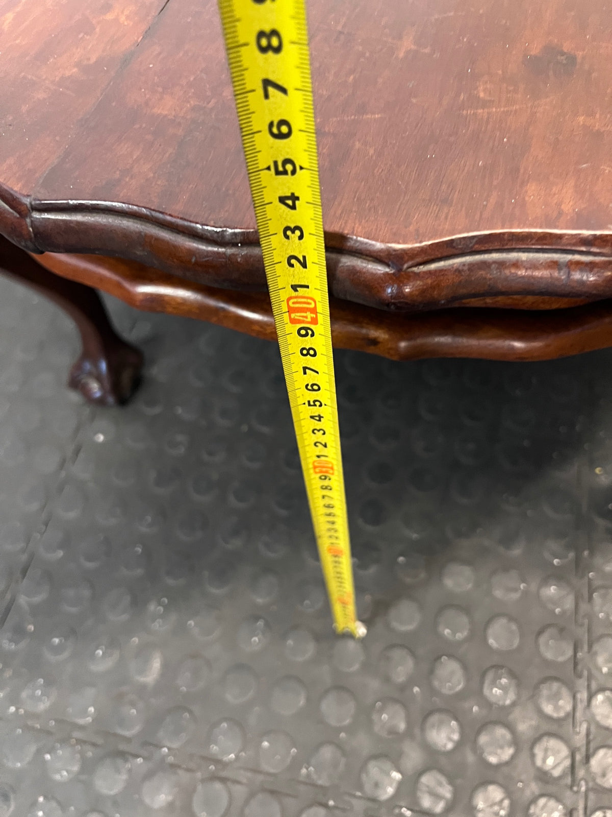 Dark Brown Round Coffee Table with Ball and Claw Feet — Well Used Condition – height measurement
