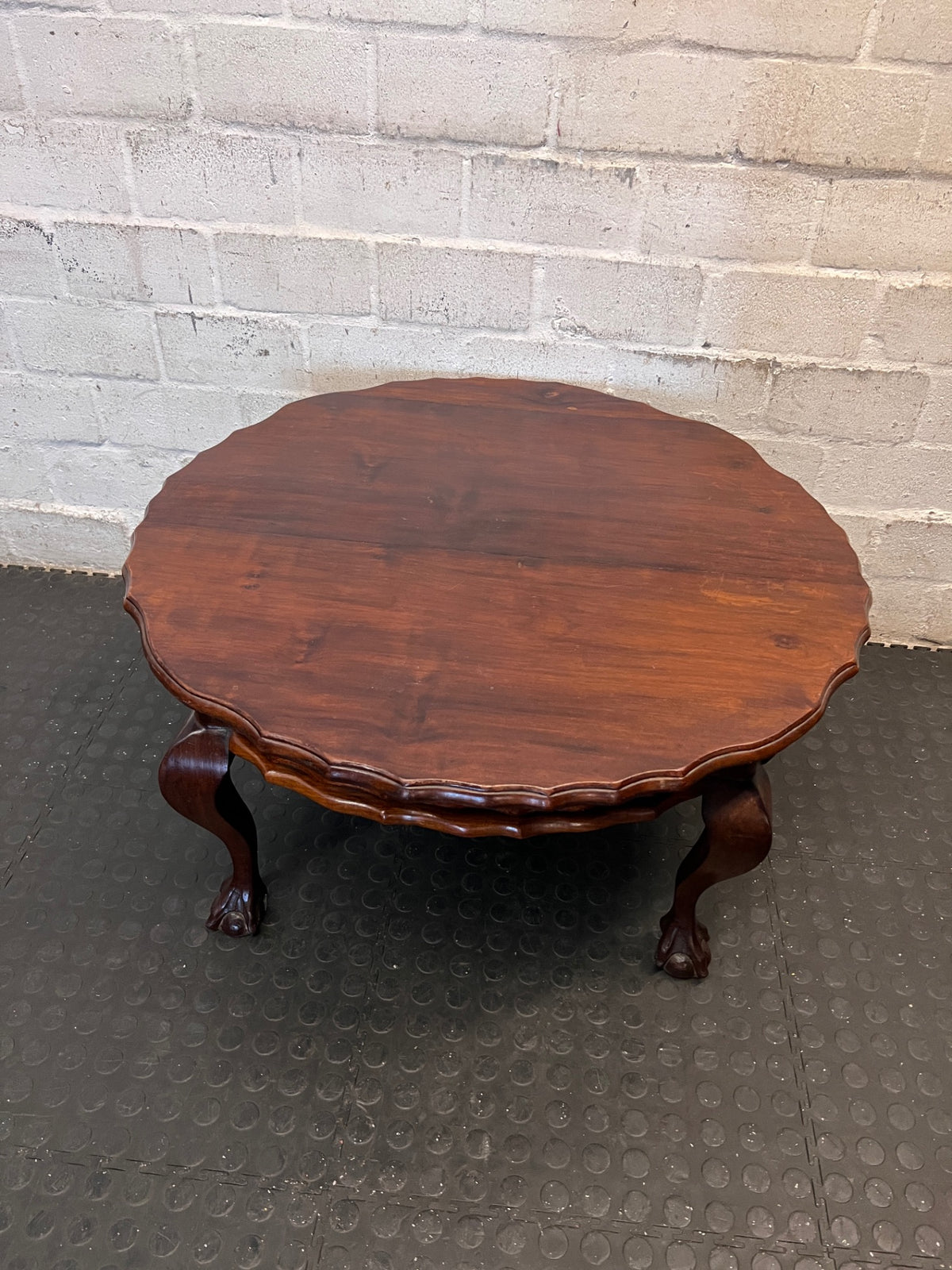 Dark Brown Round Coffee Table with Ball and Claw Feet — Well Used Condition – main front view
