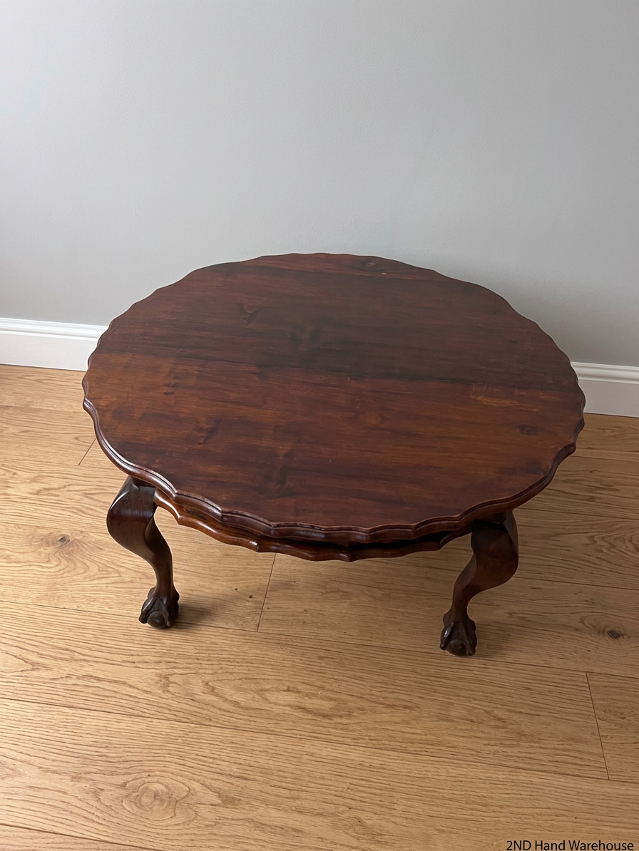 Dark Brown Round Coffee Table with Ball and Claw Feet — Well Used Condition – styled product image