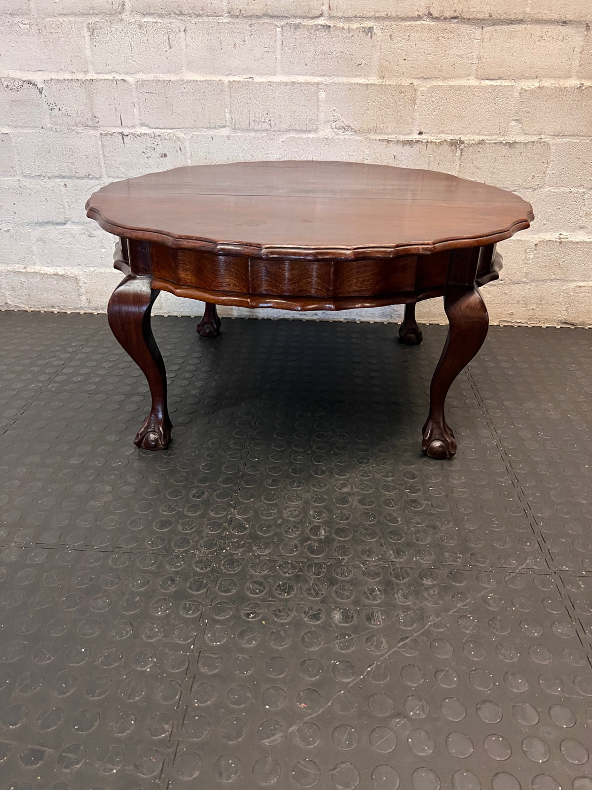 Dark Brown Round Coffee Table with Ball and Claw Feet — Well Used Condition – top view