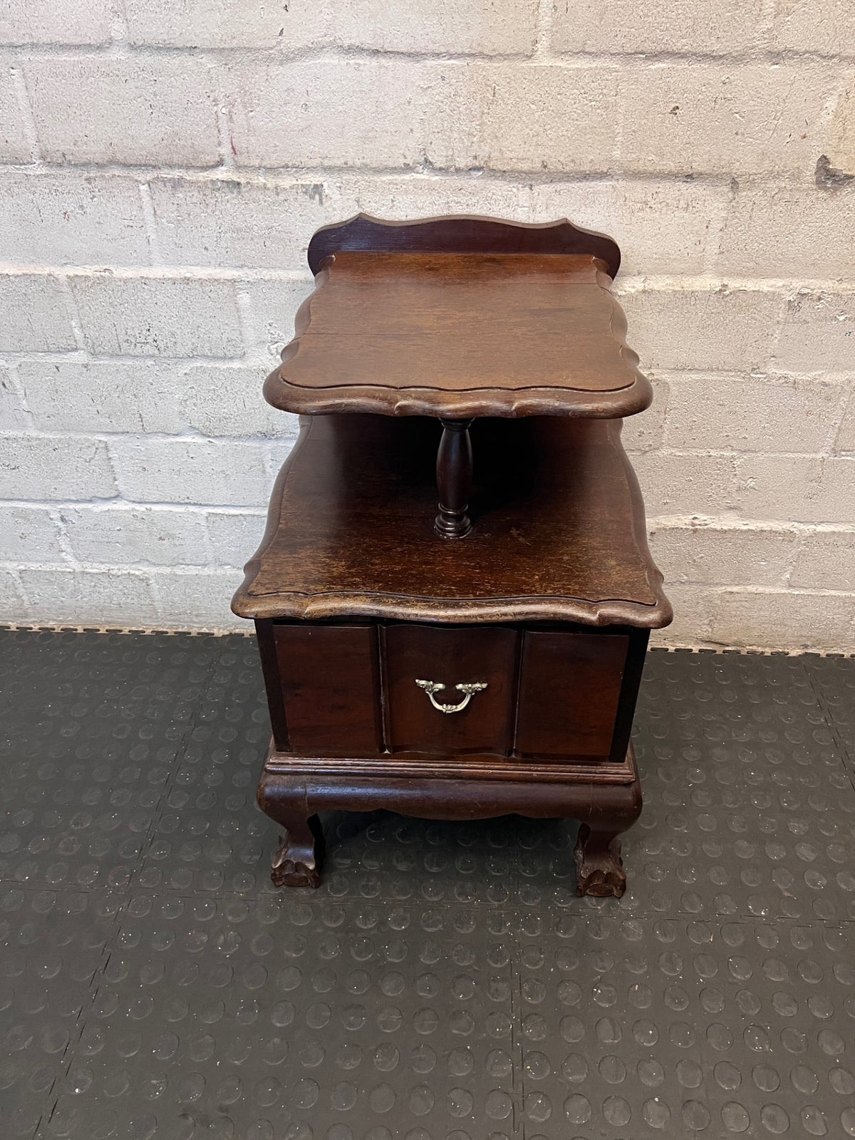 Tiered Dark Brown Side Table with Ball and Claw Feet — Well Used Condition – main front view