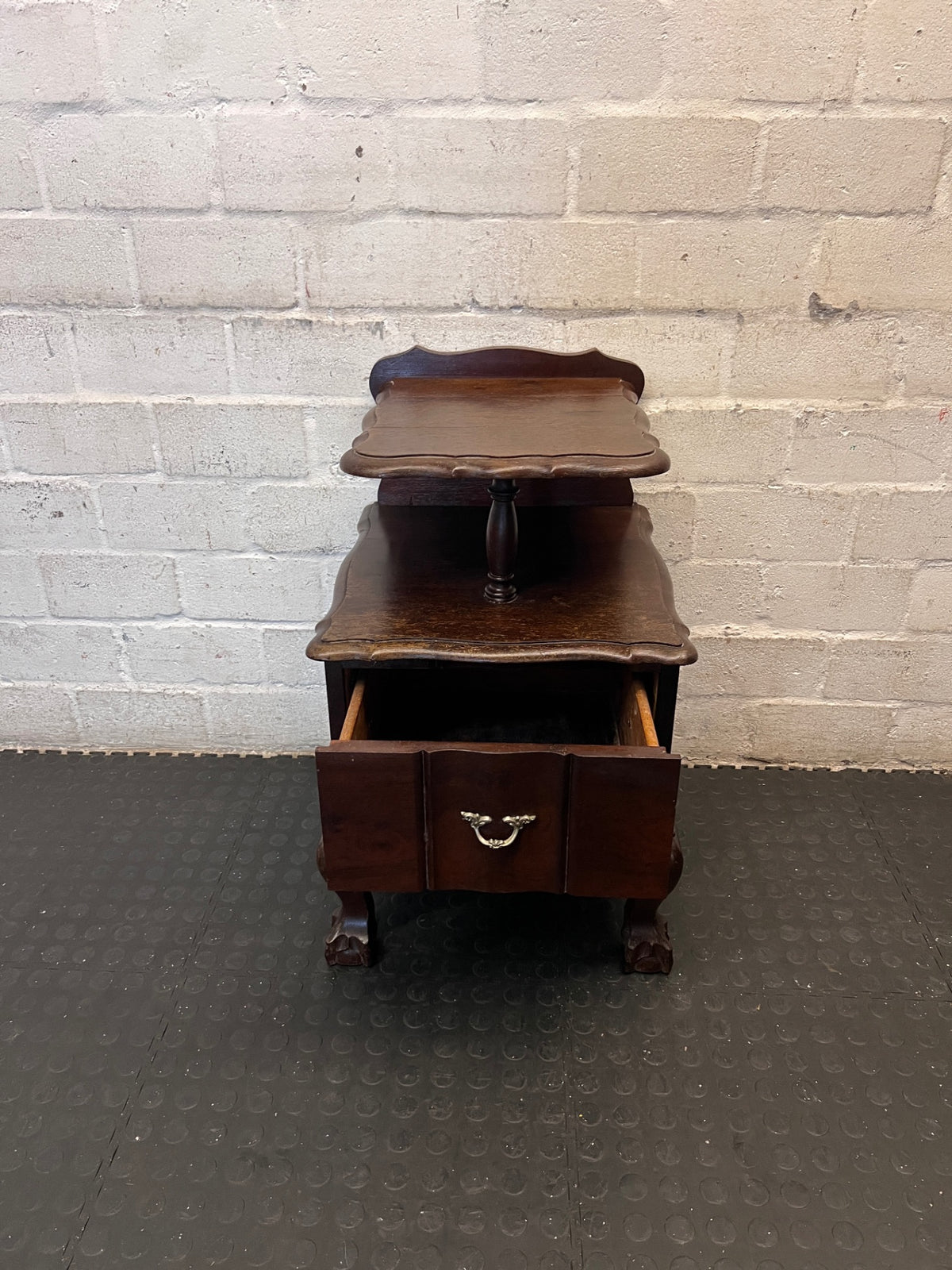 Tiered Dark Brown Side Table with Ball and Claw Feet — Well Used Condition – side view