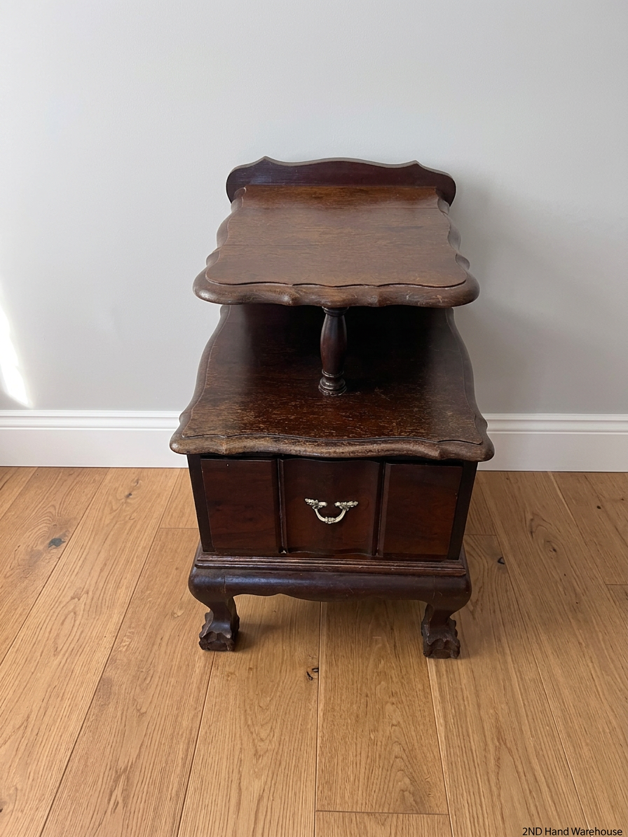 Tiered Dark Brown Side Table with Ball and Claw Feet — Well Used Condition – styled product image
