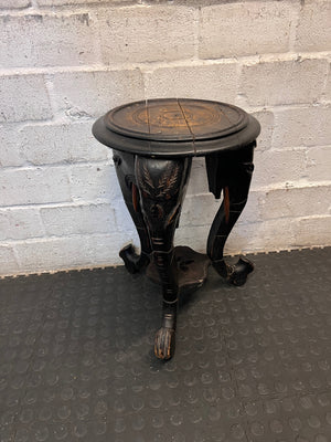 Hand-Carved Elephant Head Side Table — Well Used with Visible Surface Cracks – back view