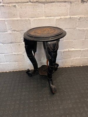 Hand-Carved Elephant Head Side Table — Well Used with Visible Surface Cracks – main front view