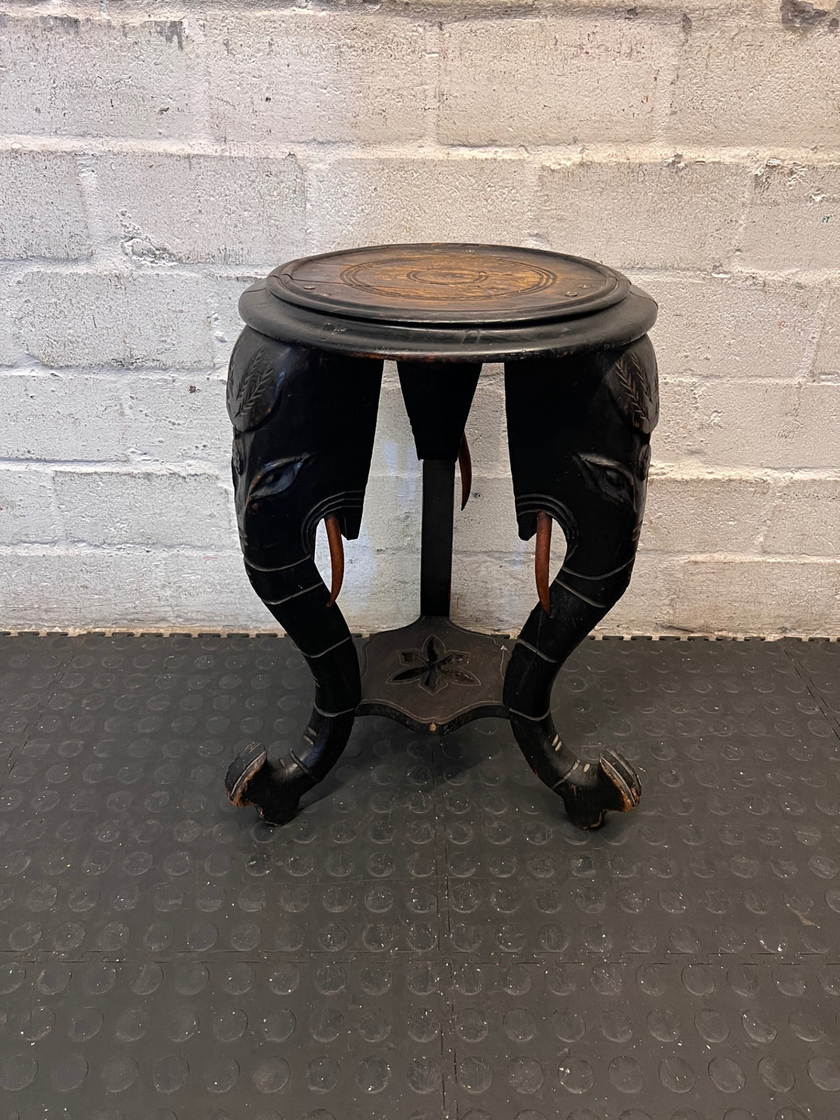 Hand-Carved Elephant Head Side Table — Well Used with Visible Surface Cracks – side view