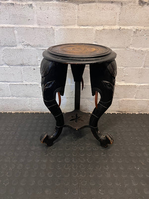 Hand-Carved Elephant Head Side Table — Well Used with Visible Surface Cracks – side view