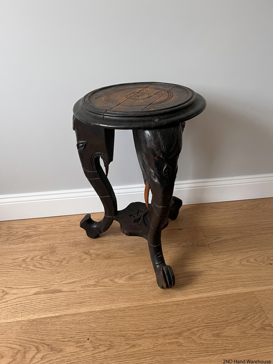 Hand-Carved Elephant Head Side Table — Well Used with Visible Surface Cracks – styled product image