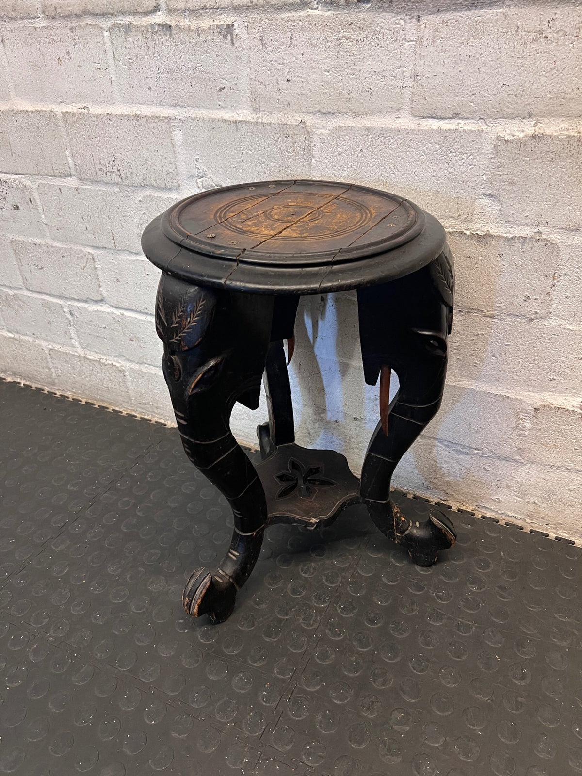 Hand-Carved Elephant Head Side Table — Well Used with Visible Surface Cracks – top view