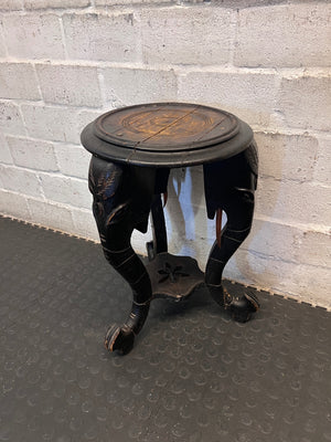 Hand-Carved Elephant Head Side Table — Well Used with Visible Surface Cracks – top view