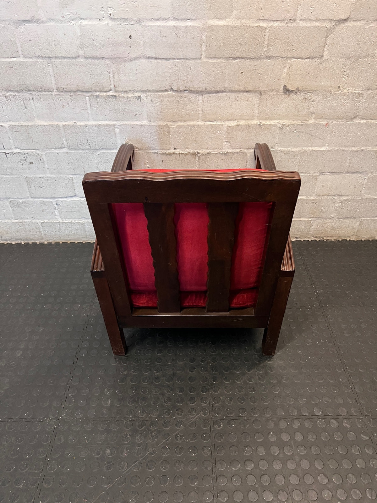Vintage Red Upholstered Armchair with Slatted Wooden Frame — Well Used Armchair – back view
