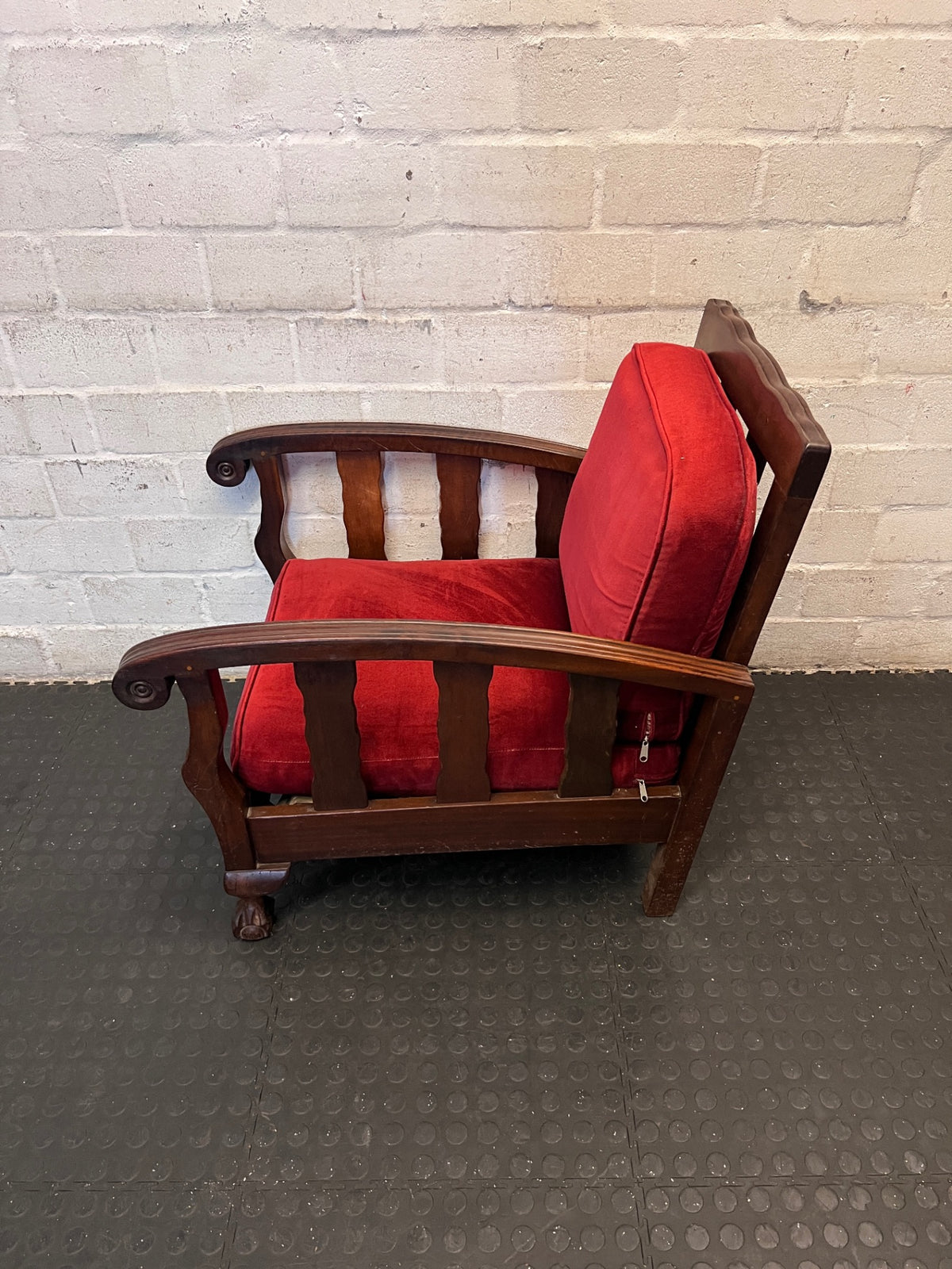 Vintage Red Upholstered Armchair with Slatted Wooden Frame — Well Used Armchair – condition detail