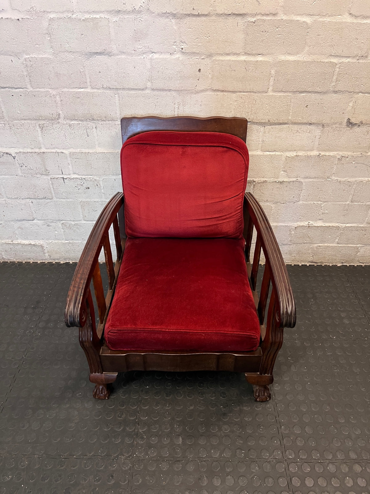 Vintage Red Upholstered Armchair with Slatted Wooden Frame — Well Used Armchair – main front view