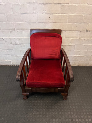 Vintage Red Upholstered Armchair with Slatted Wooden Frame — Well Used Armchair – main front view
