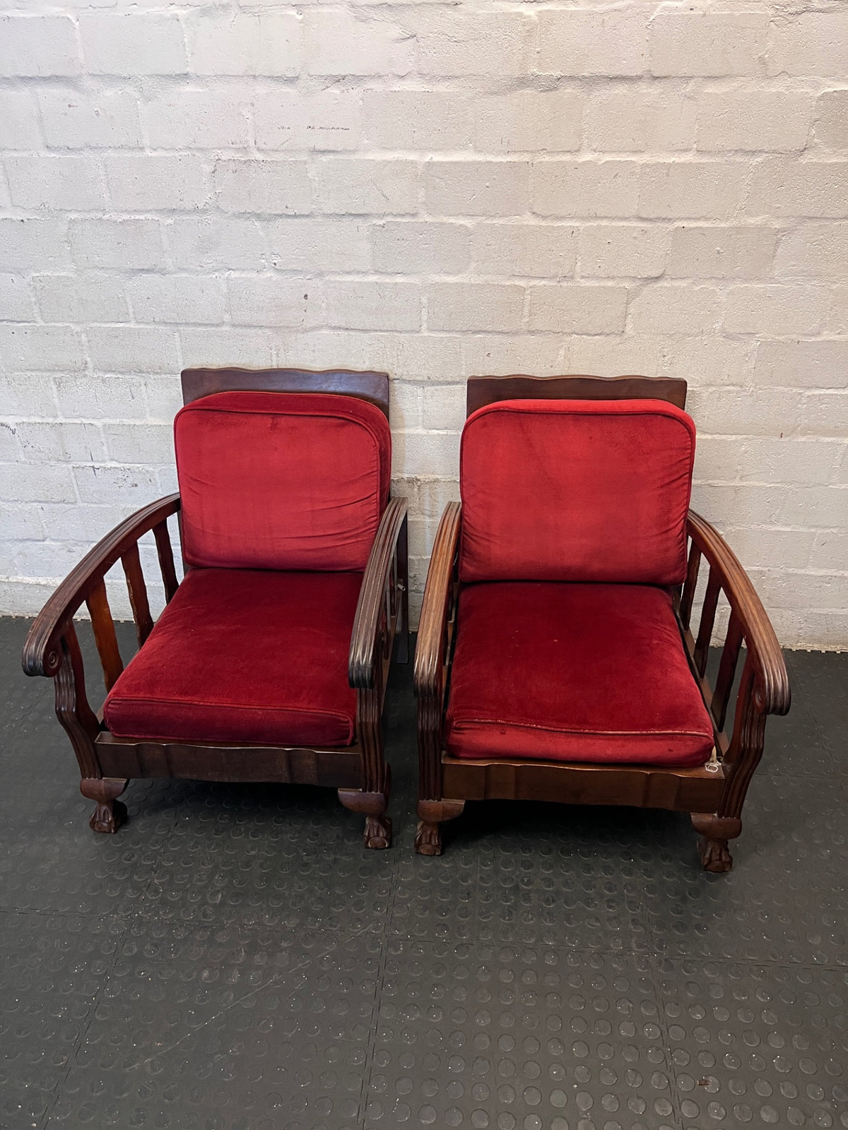 Vintage Red Upholstered Armchair with Slatted Wooden Frame — Well Used Armchair – side view