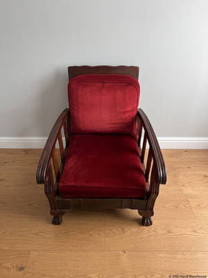 Vintage Red Upholstered Armchair with Slatted Wooden Frame — Well Used Armchair – styled product image