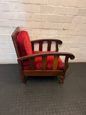 Vintage Red Upholstered Armchair with Slatted Wooden Frame — Well Used Armchair – top view