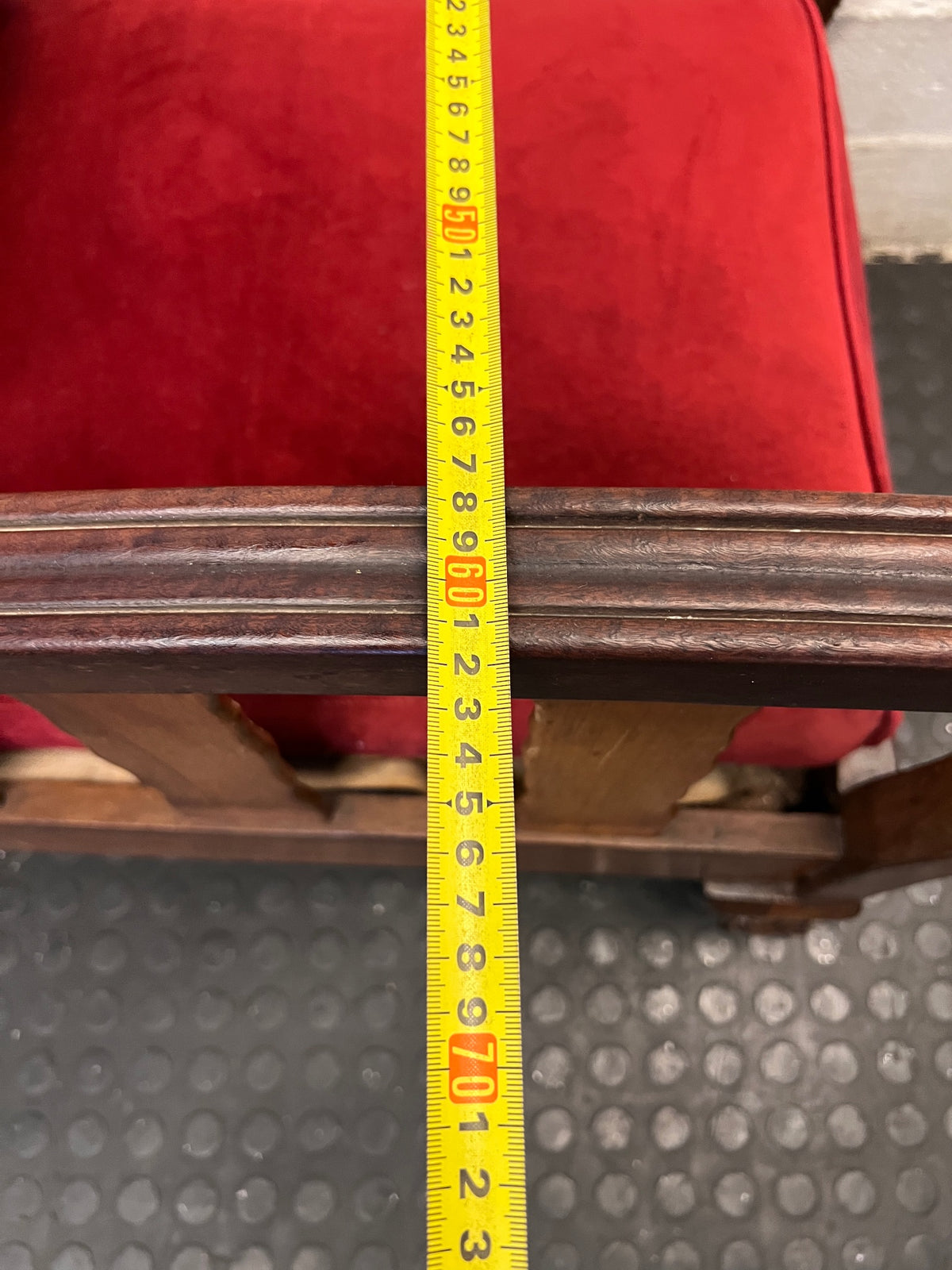 Vintage Red Upholstered Armchair with Slatted Wooden Frame — Well Used Armchair – width measurement