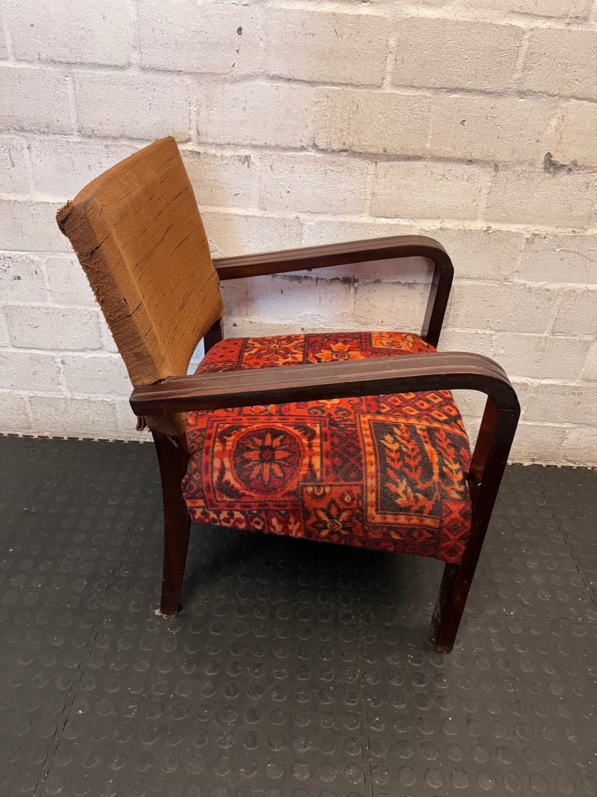 Vintage Curved Wood Armchair with Red Patterned Seat — Well Used Condition – back view