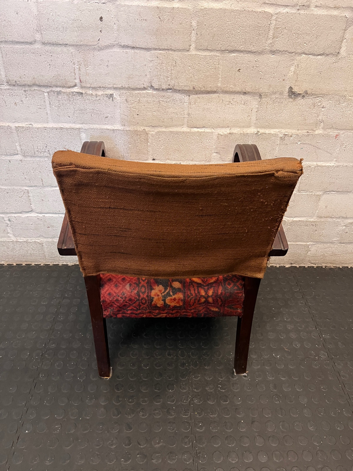 Vintage Curved Wood Armchair with Red Patterned Seat — Well Used Condition – condition detail