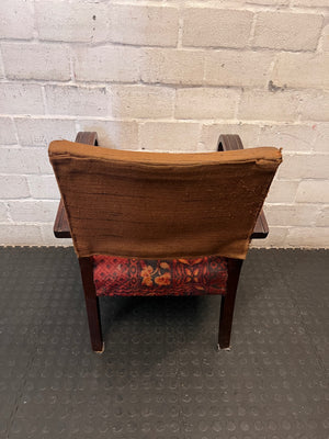 Vintage Curved Wood Armchair with Red Patterned Seat — Well Used Condition – condition detail