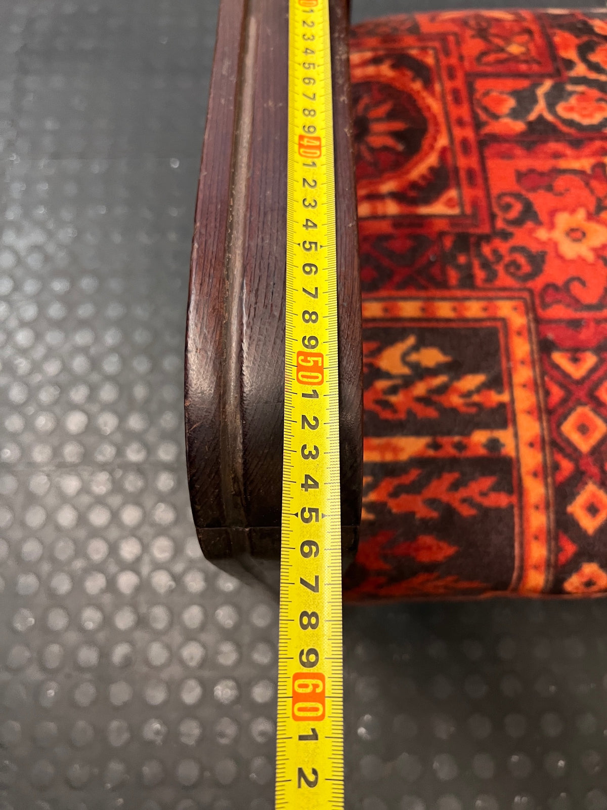 Vintage Curved Wood Armchair with Red Patterned Seat — Well Used Condition – depth measurement