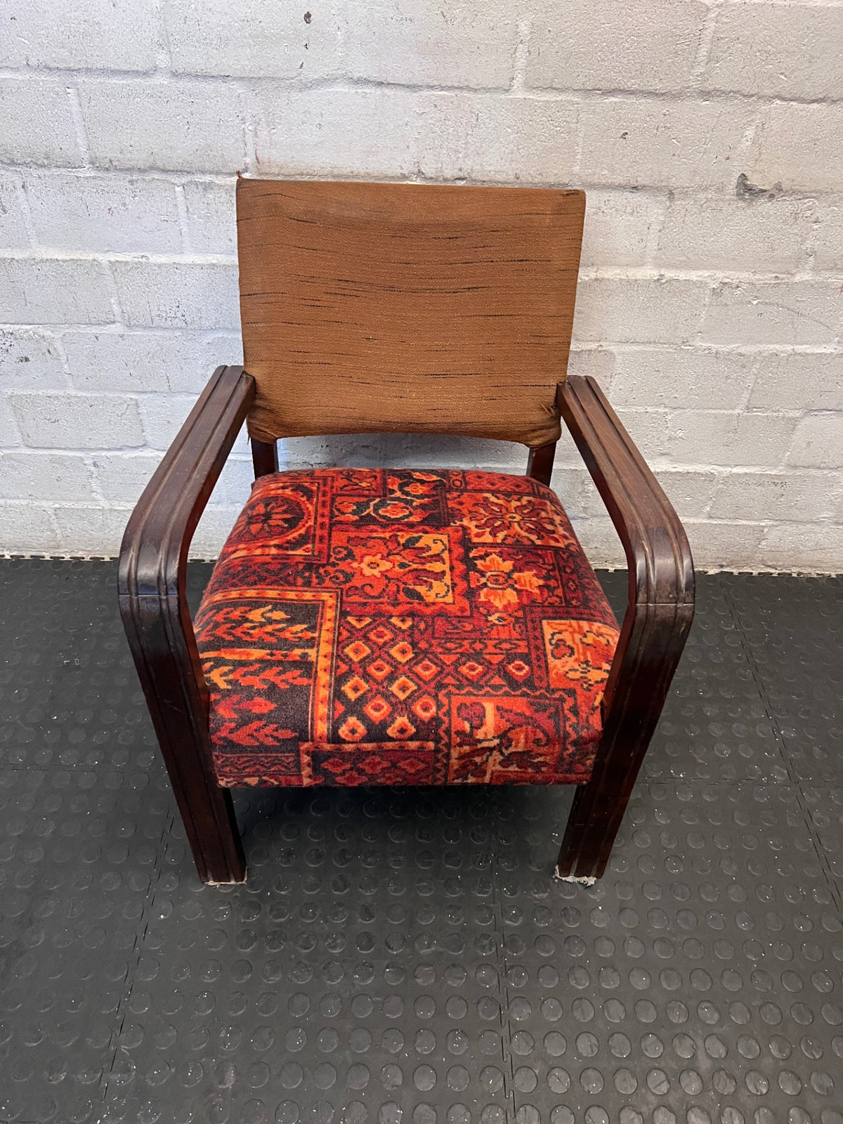 Vintage Curved Wood Armchair with Red Patterned Seat — Well Used Condition – main front view