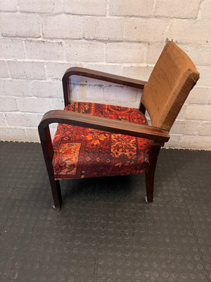 Vintage Curved Wood Armchair with Red Patterned Seat — Well Used Condition – side view