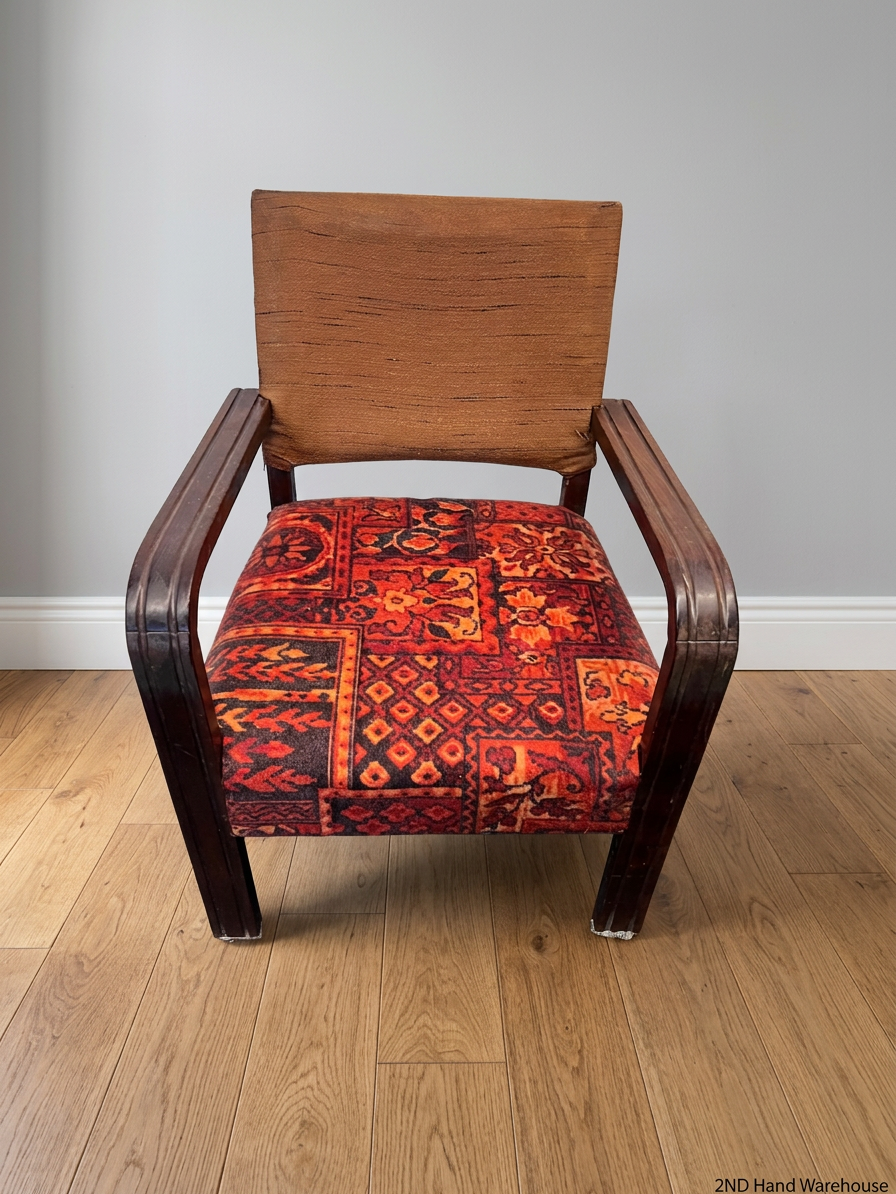 Vintage Curved Wood Armchair with Red Patterned Seat — Well Used Condition – styled product image