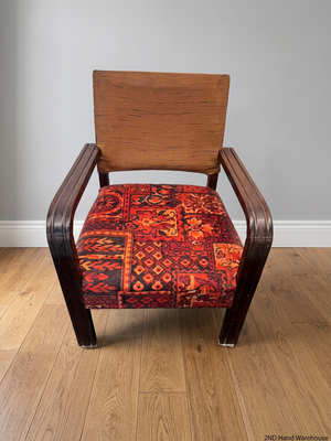 Vintage Curved Wood Armchair with Red Patterned Seat — Well Used Condition – styled product image