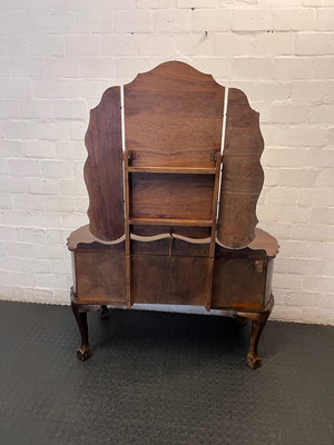 Vintage Dark Brown Dressing Table with Triptych Mirror — Well Used Condition – back view