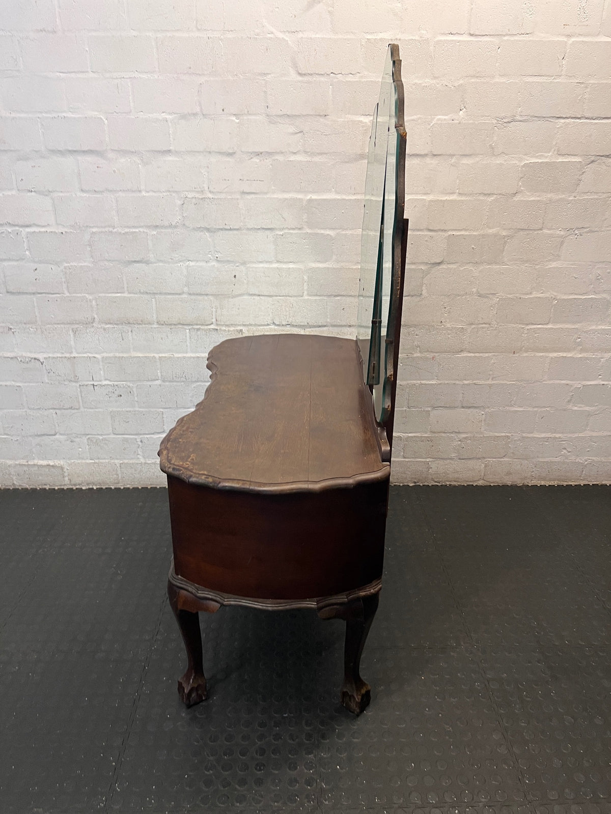 Vintage Dark Brown Dressing Table with Triptych Mirror — Well Used Condition – condition detail