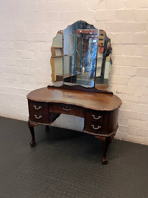 Vintage Dark Brown Dressing Table with Triptych Mirror — Well Used Condition – main front view