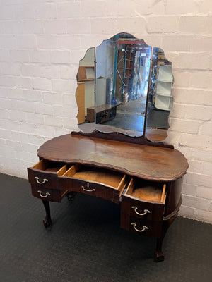 Vintage Dark Brown Dressing Table with Triptych Mirror — Well Used Condition – side view