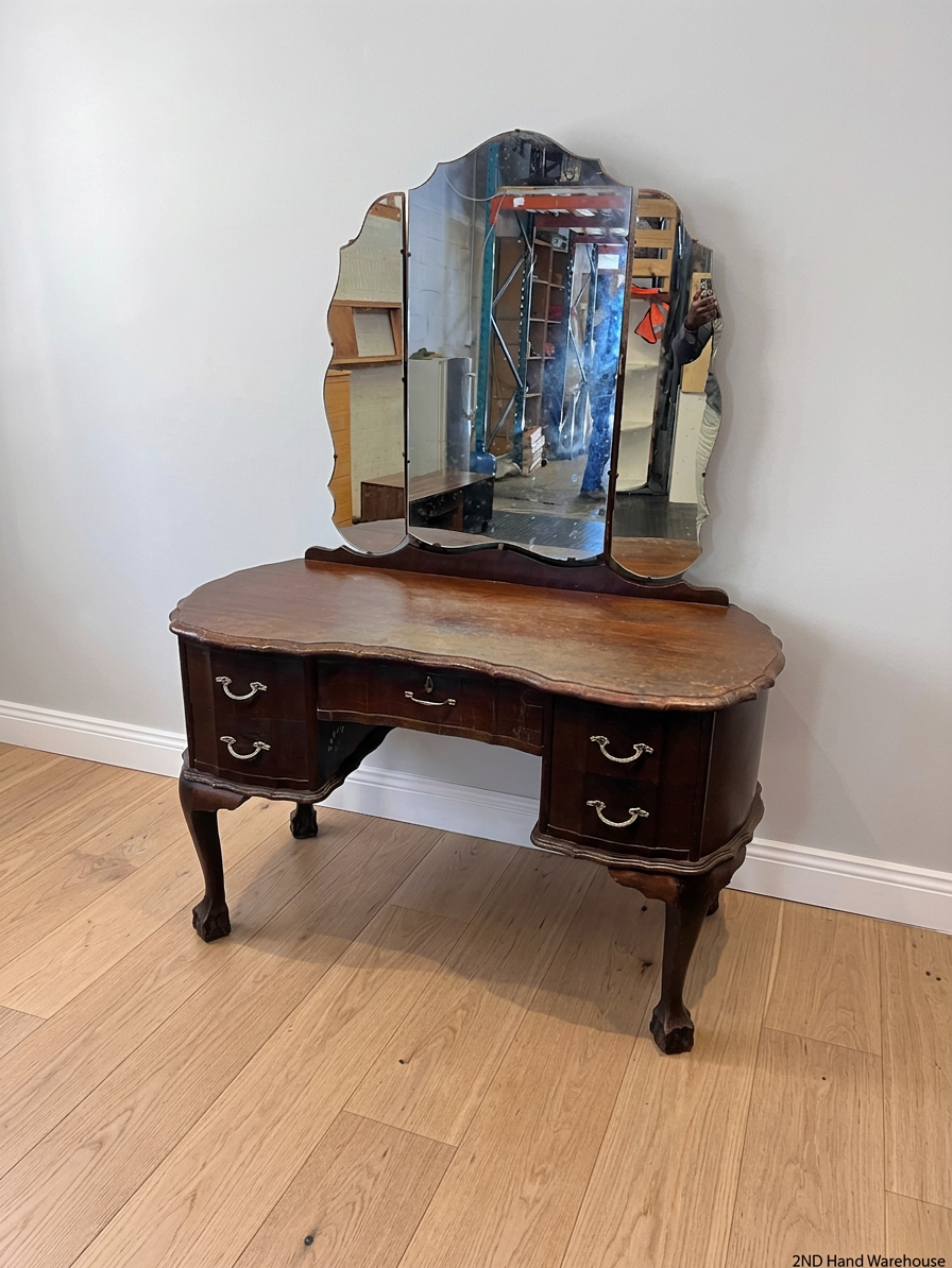 Vintage Dark Brown Dressing Table with Triptych Mirror — Well Used Condition – styled product image