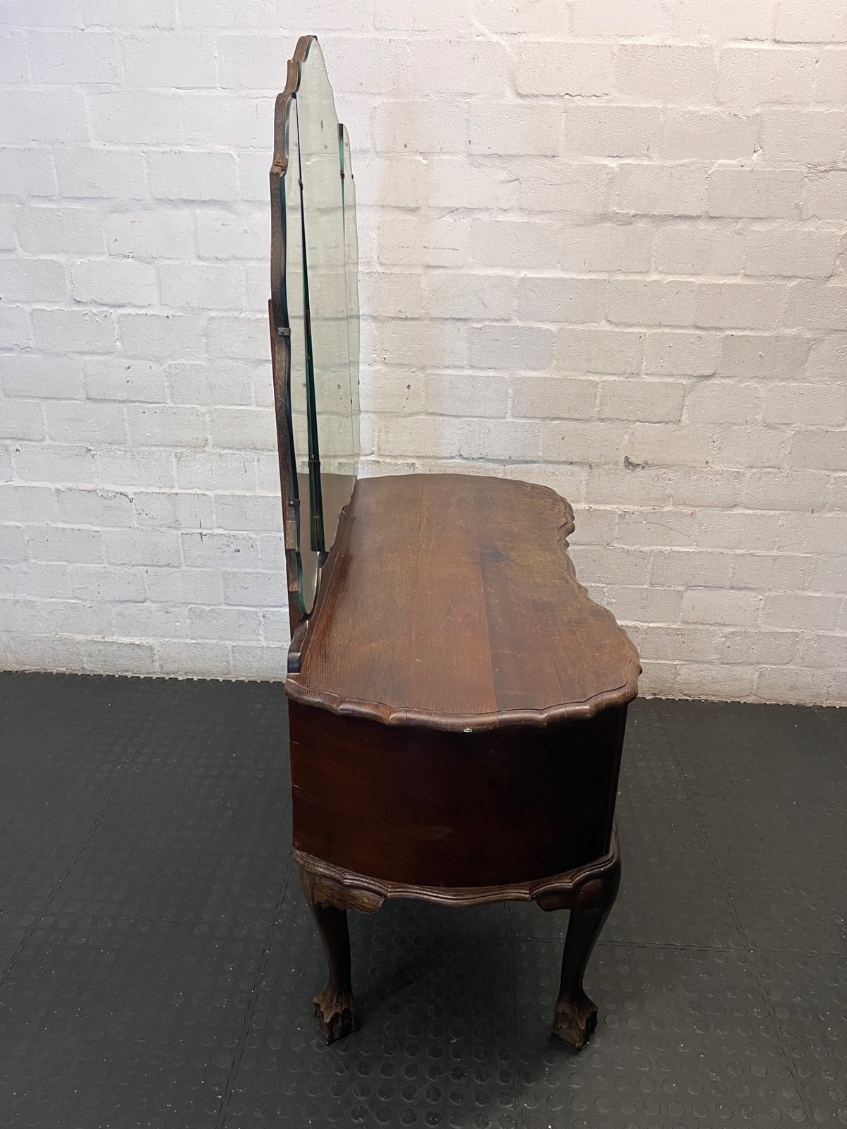 Vintage Dark Brown Dressing Table with Triptych Mirror — Well Used Condition – top view