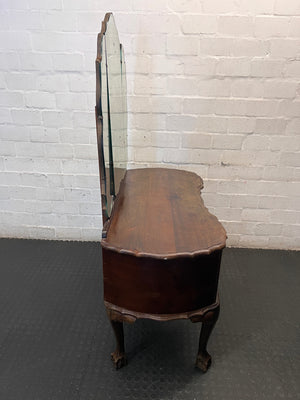 Vintage Dark Brown Dressing Table with Triptych Mirror — Well Used Condition – top view