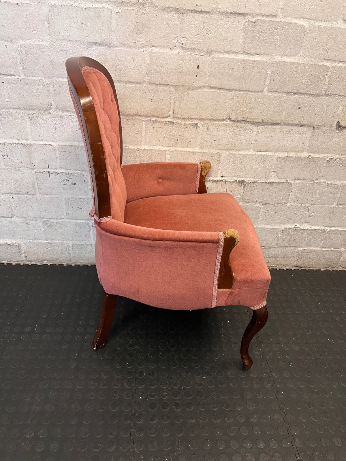 Vintage Pink Tufted Accent Chair with Cabriole Legs — Used; Fair Condition – side view