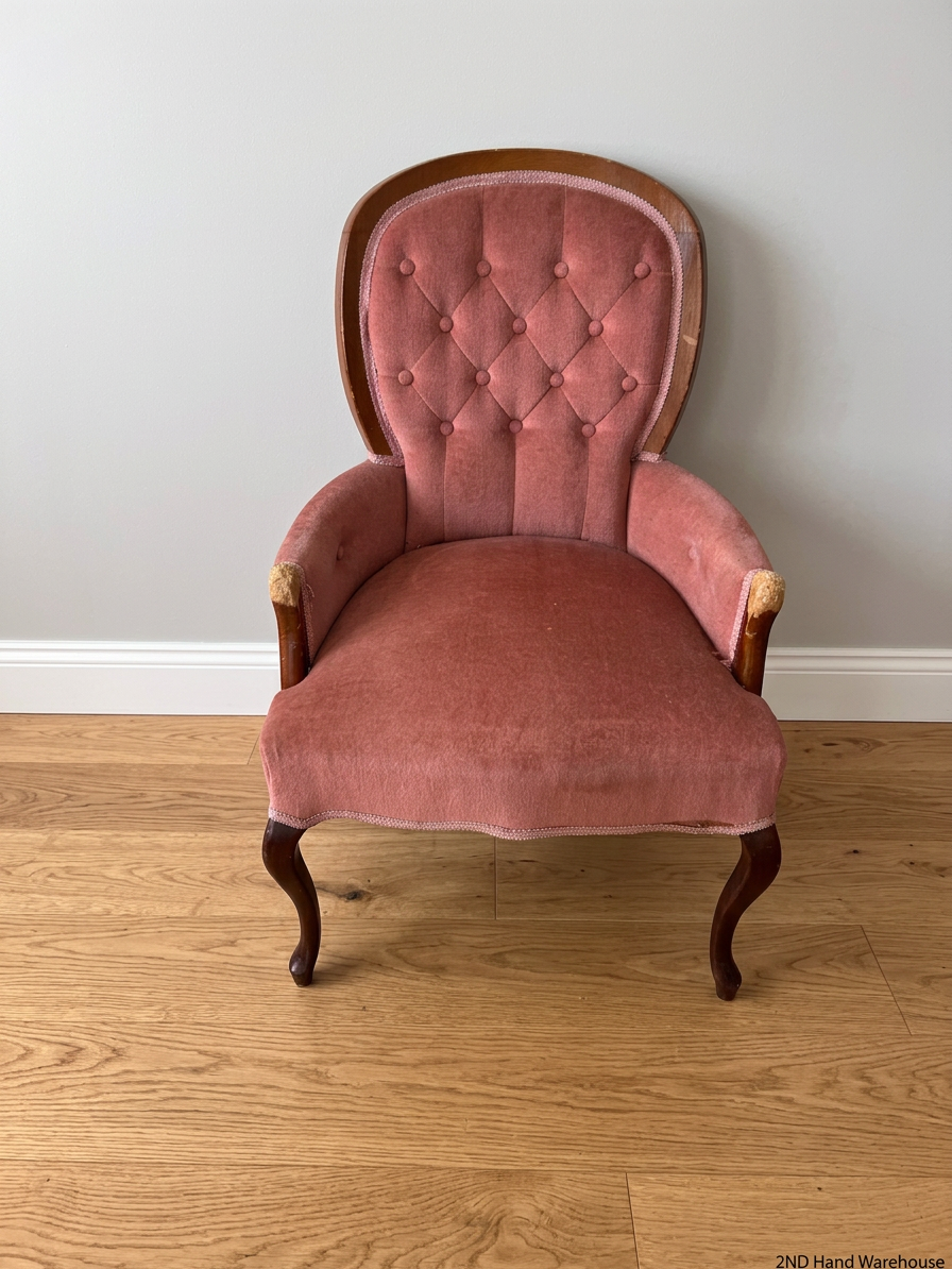 Vintage Pink Tufted Accent Chair with Cabriole Legs — Used; Fair Condition – styled product image