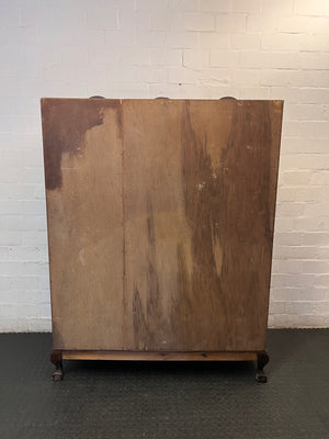 Vintage Style 3-Door Wooden Wardrobe with Scalloped Top — Well Used Condition – back view