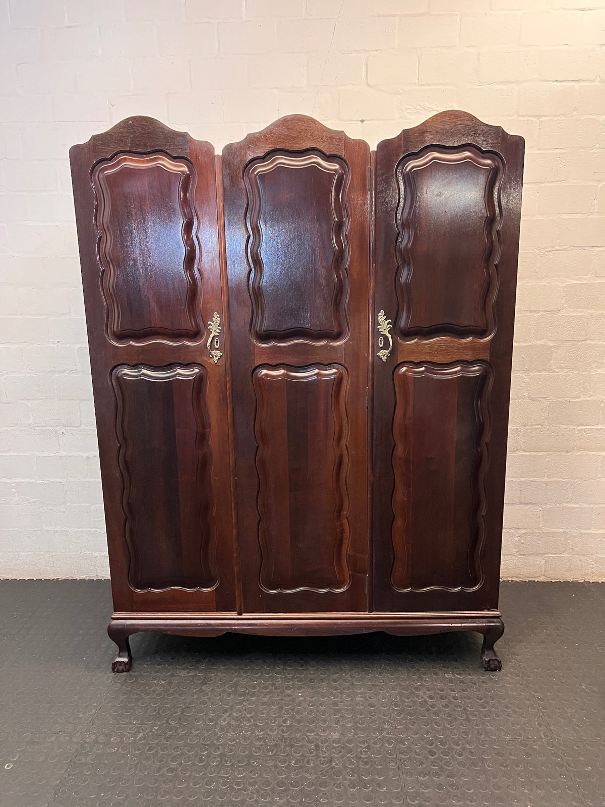 Vintage Style 3-Door Wooden Wardrobe with Scalloped Top — Well Used Condition – main front view