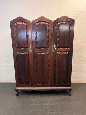 Vintage Style 3-Door Wooden Wardrobe with Scalloped Top — Well Used Condition – main front view