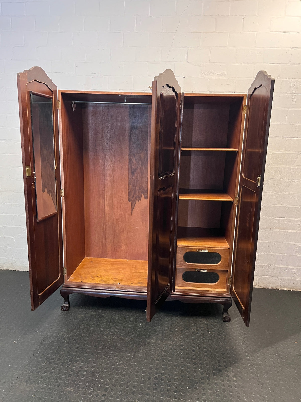 Vintage Style 3-Door Wooden Wardrobe with Scalloped Top — Well Used Condition – side view