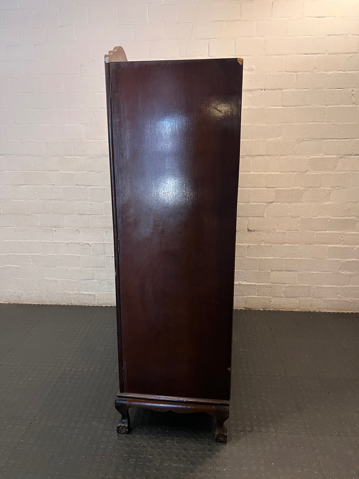 Vintage Style 3-Door Wooden Wardrobe with Scalloped Top — Well Used Condition – top view